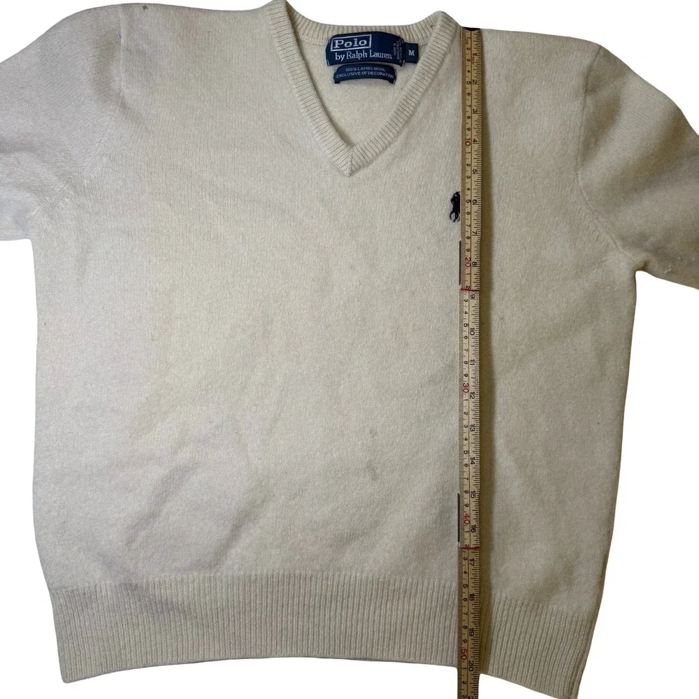 Polo Ralph Lauren V-Neck Sweater Mens M Cream Fair 100% Lambswool Knit Pullover